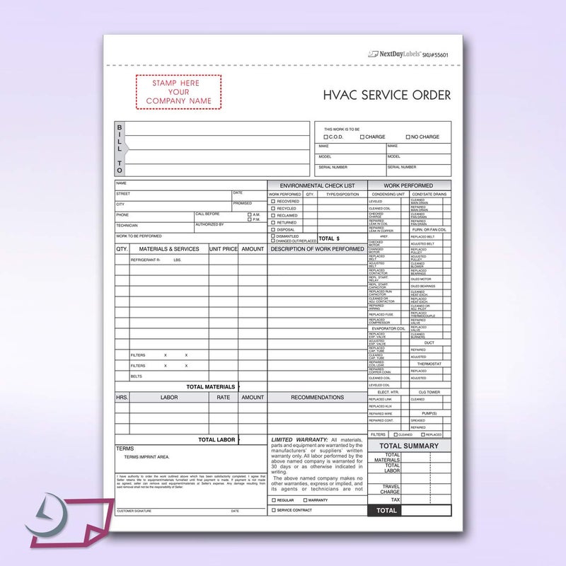 NextDayLabels HVAC Service Order Invoice & Repair Detail Form, 3 Part Forms Carbonless (No Company Name Printed) 100 Sets - Image 2